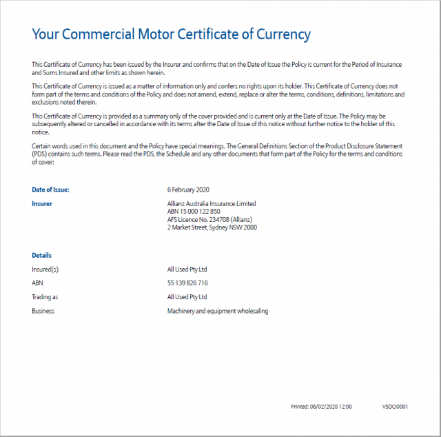 Confirmation of Motor Insurance